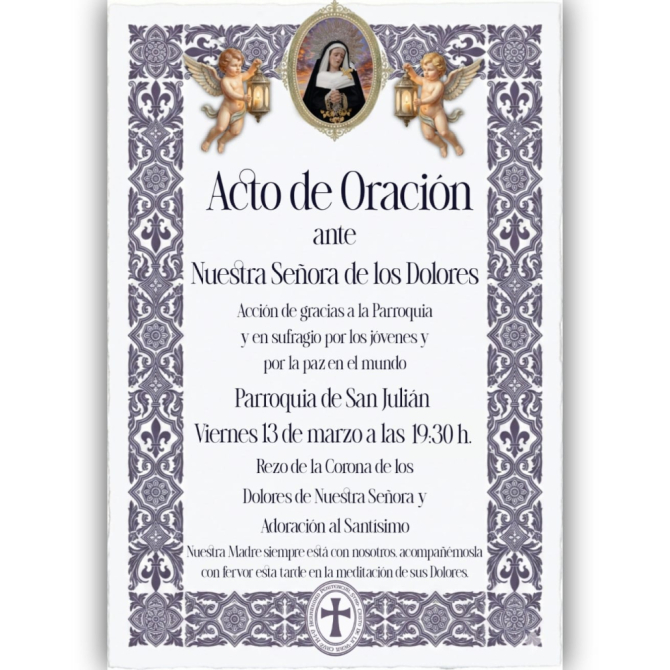 La M. I. V. H. P. del Stmo. Cristo de la Vera Cruz celebra este viernes un Acto de Oración ante Ntra. Sra. de los Dolores
